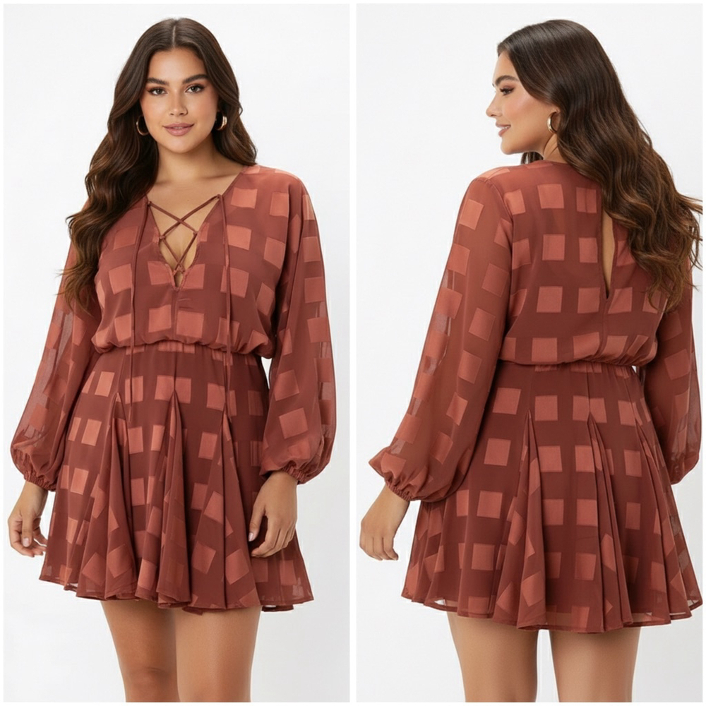 ASOS DESIGN Checkerboard Mini Dress with Lace-Up Front and Cut-Out Back Size 14